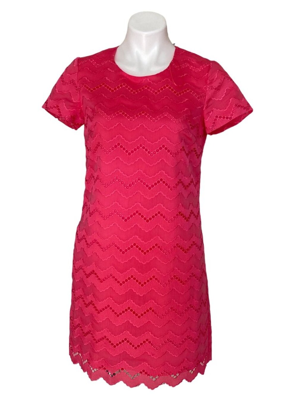 CeCe By Cynthia Steffe Women's Pink Zigzag Lace Shift Dress Scalloped Hem Size 4